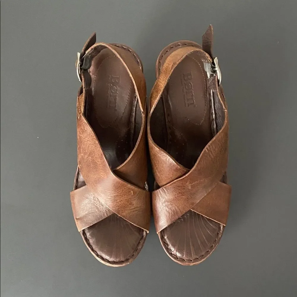 Born Chestnut Leather Wedge Sandals 36.5 (US 6) Boho Chic Coastal Urban Comfy